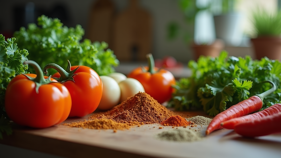 Eye-level view of fresh Indian vegetables and spices on a kitchen counter