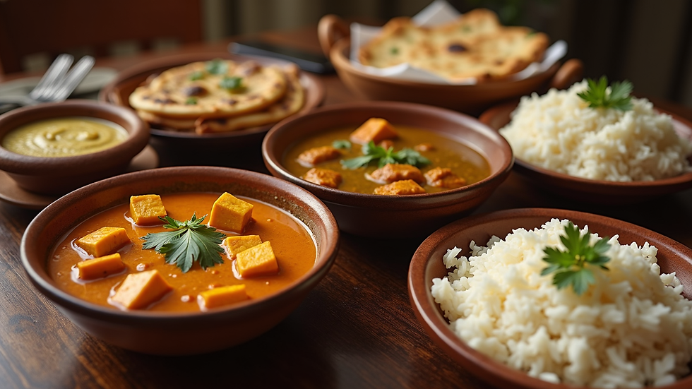 High angle view of a traditional Indian dinner table set with Paneer Makhani, Daal Makhani, naan, and rice