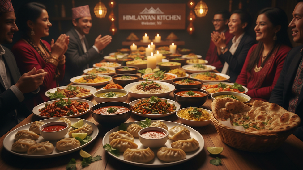 Eye-level view of a traditional Nepali festival feast with colorful dishes