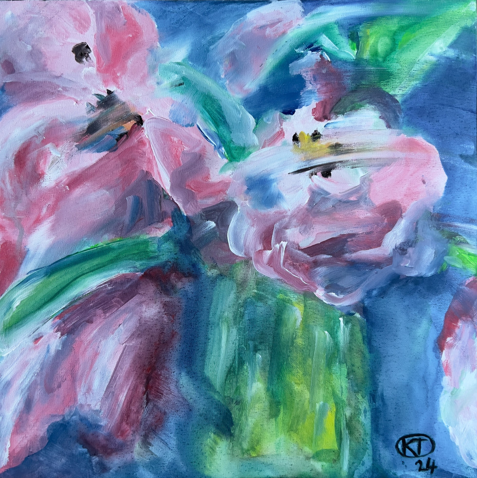 Pink flowers in a Green vase