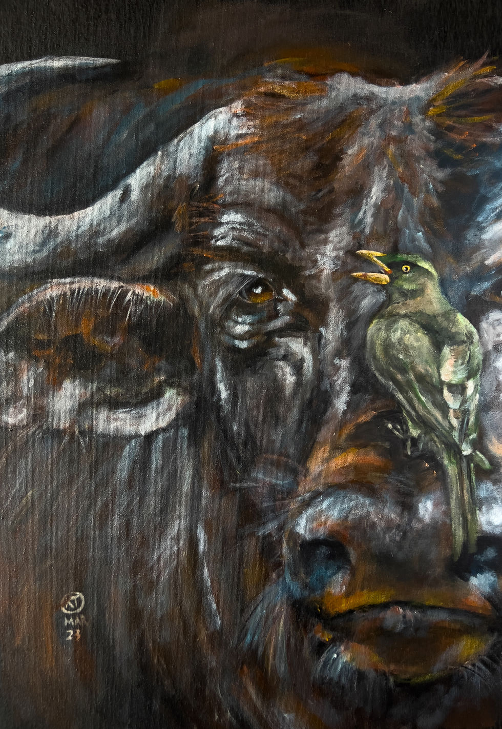 Portrait painting of African buffalo with a bird on its nose
