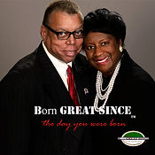 married couple in black suits with born great since the day you were born Logo