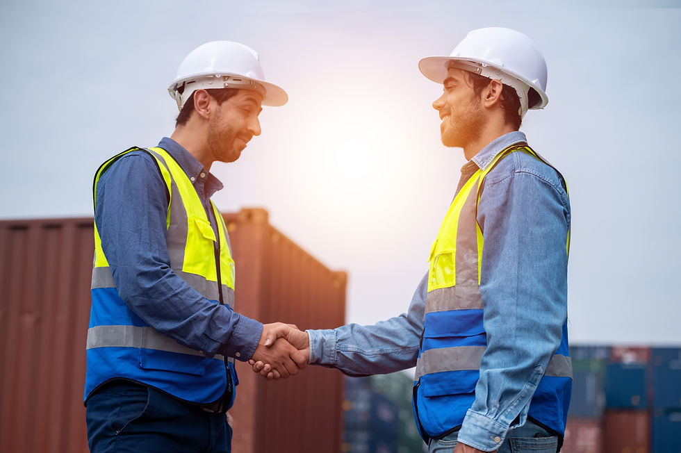 Worker employee shake hand standing container logistic background. Business Shake hand or