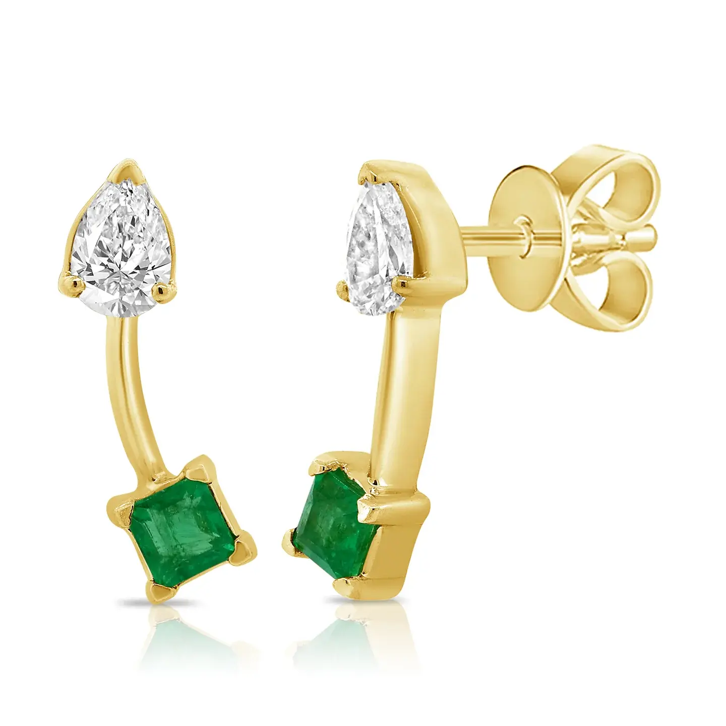 Square Emerald & Pear Shape Diamond Stud Earrings
