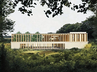 Visualisation of Spilsby House, a long low pavilion with vertical timber fins, seen through trees above a meadow