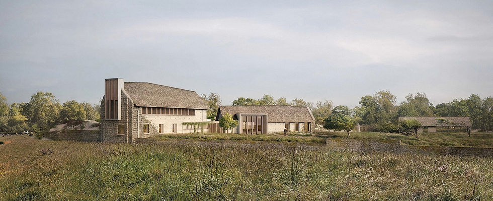 Stone farmhouse with wooden accents in grassy field, surrounded by trees under a cloudy sky. Peaceful and natural setting.