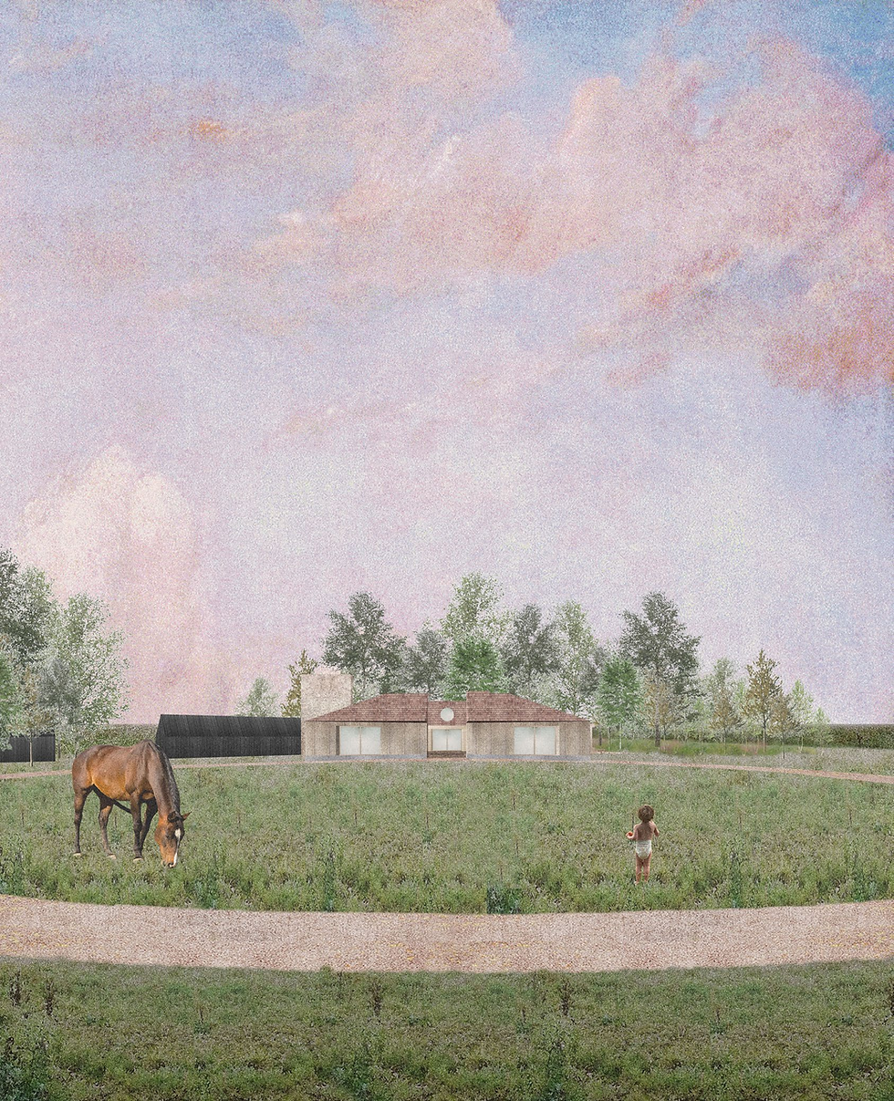 Horse grazes in a grassy field near a barefoot child, with a small house and trees under a pastel pink-blue sky.