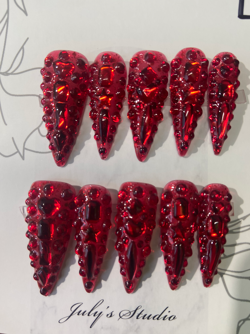 Red Rhinestones Long Stiletto Nails