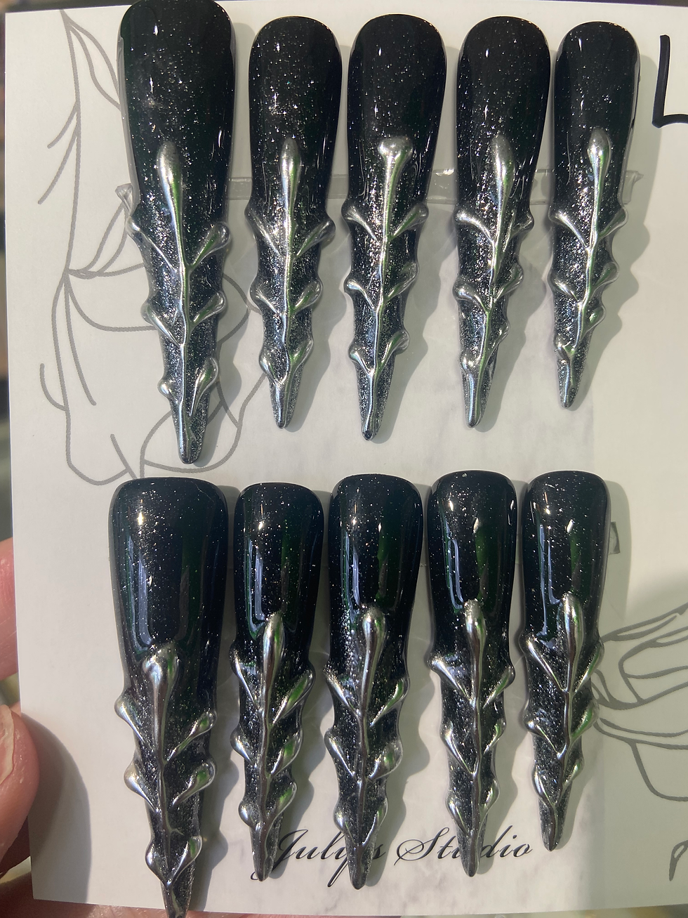 Extra Long Stiletto Black&Silver Nails