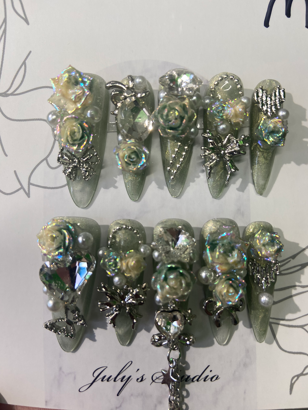 Green Lots of Roses Nails