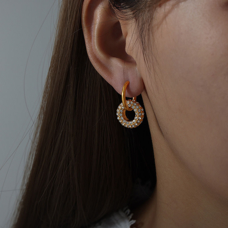Thumbnail: Gold Plated Green/Clear Stone Shiny Hoop Earrings