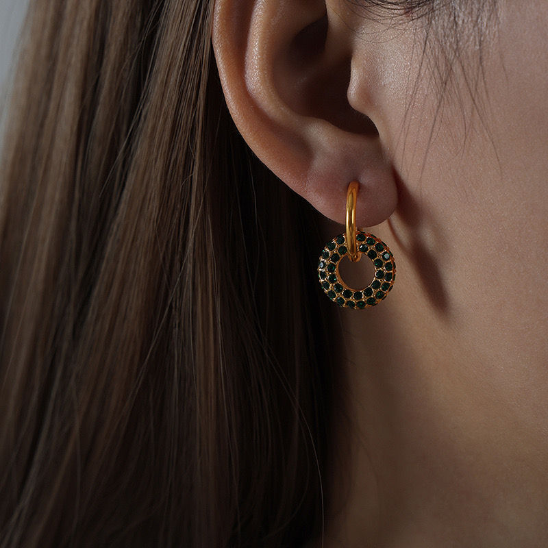 Thumbnail: Gold Plated Green/Clear Stone Shiny Hoop Earrings