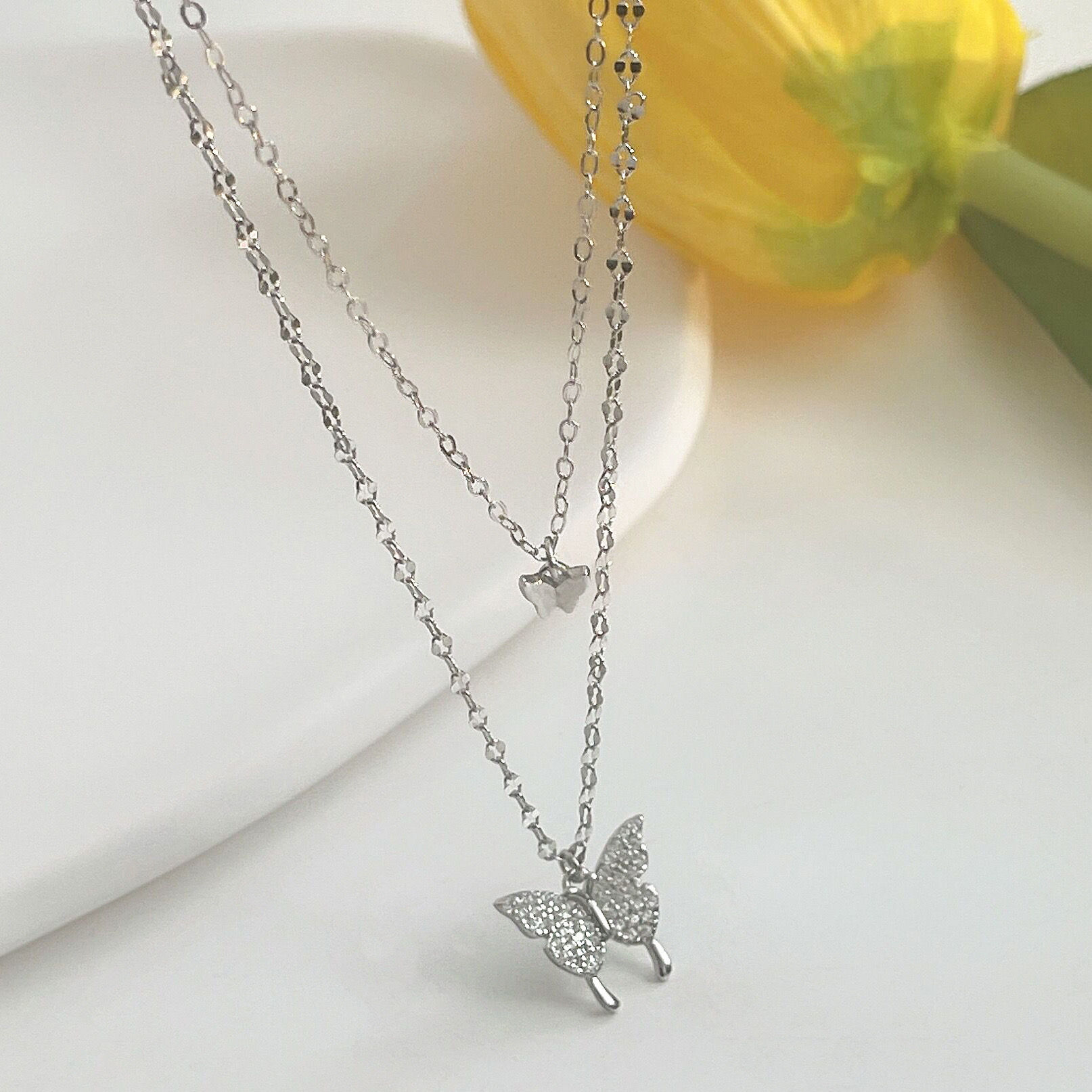 Double Layered Butterfly Silver Necklace
