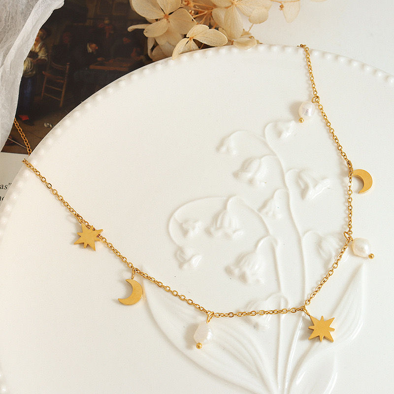 Gold Plated Star&Moon with Freshwater Pearl Necklace