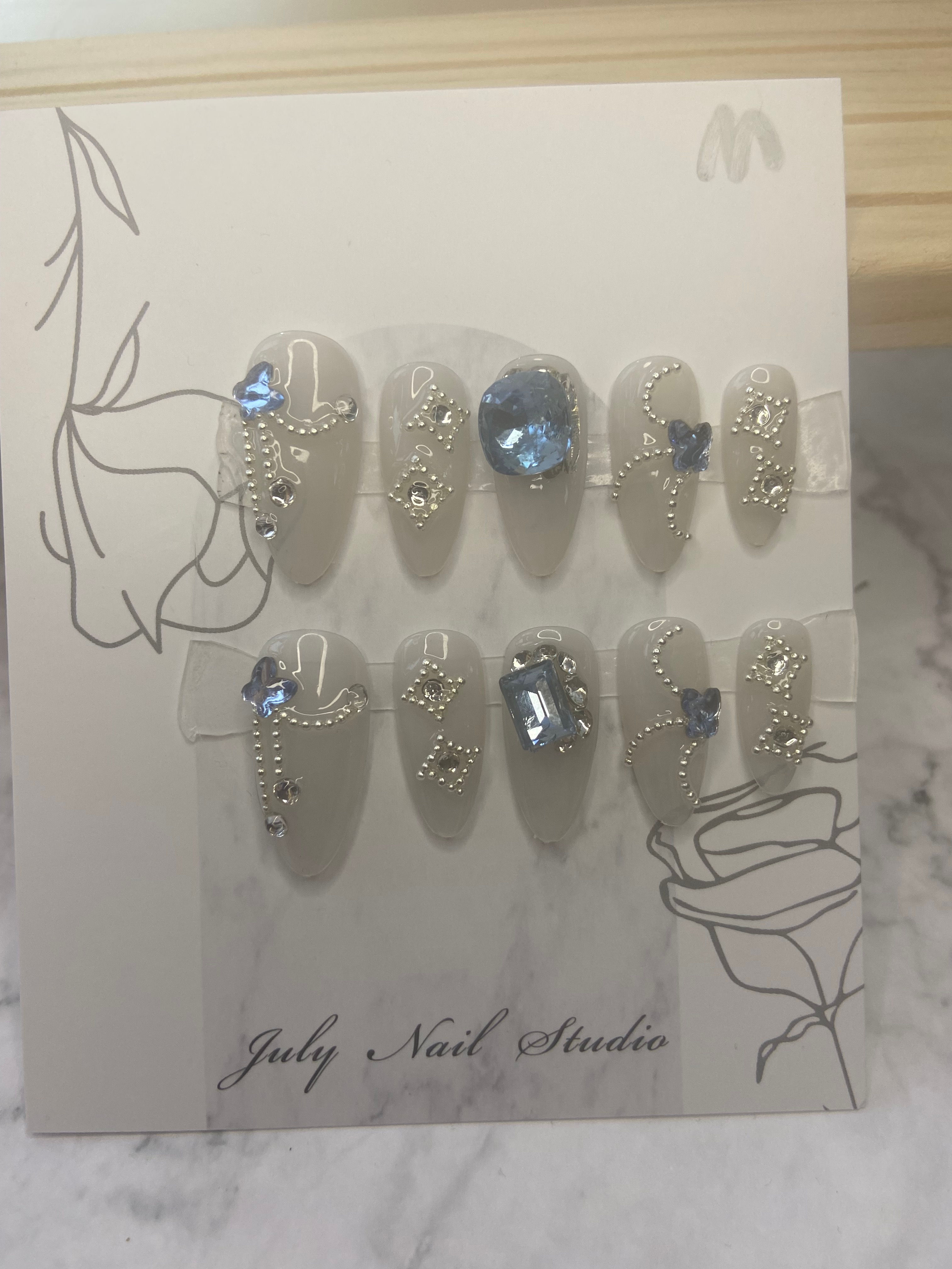 Crystal Grey & Blue Rhinestone Press on nails