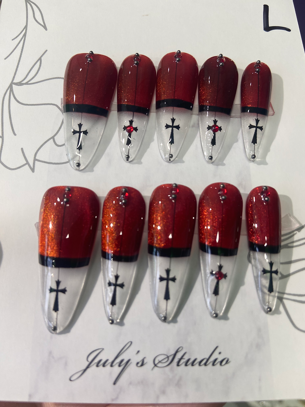 Red Long Stiletto Cross Nails