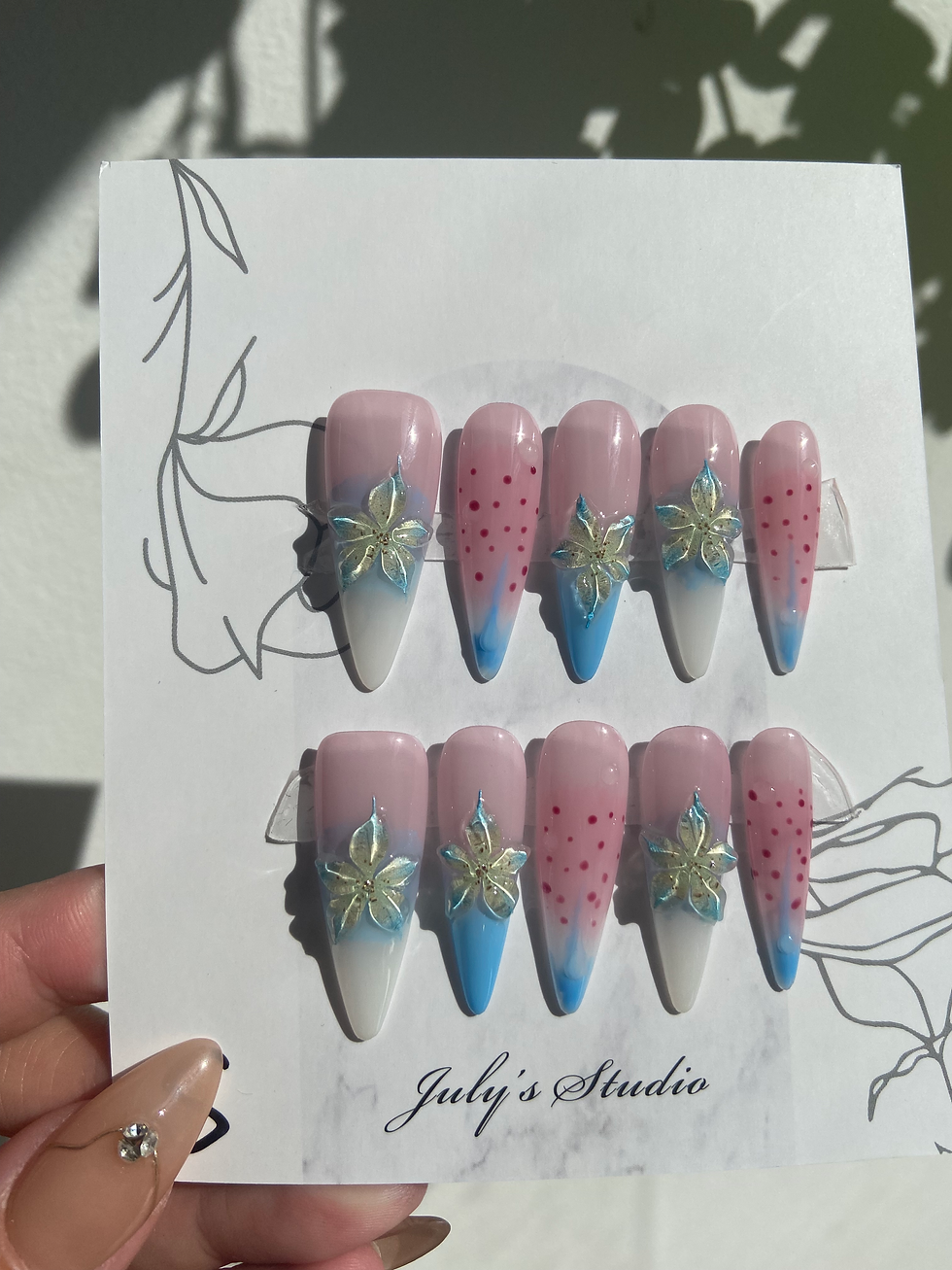 Ocean Blue Flower Long Nails