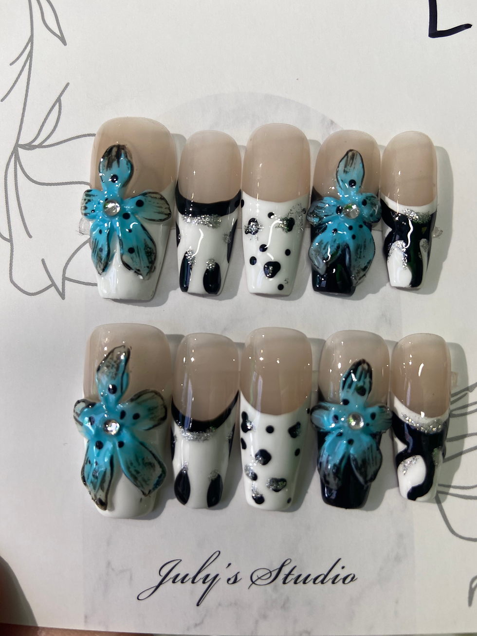 Black&White Tip with Blue 3D Flowers Nails