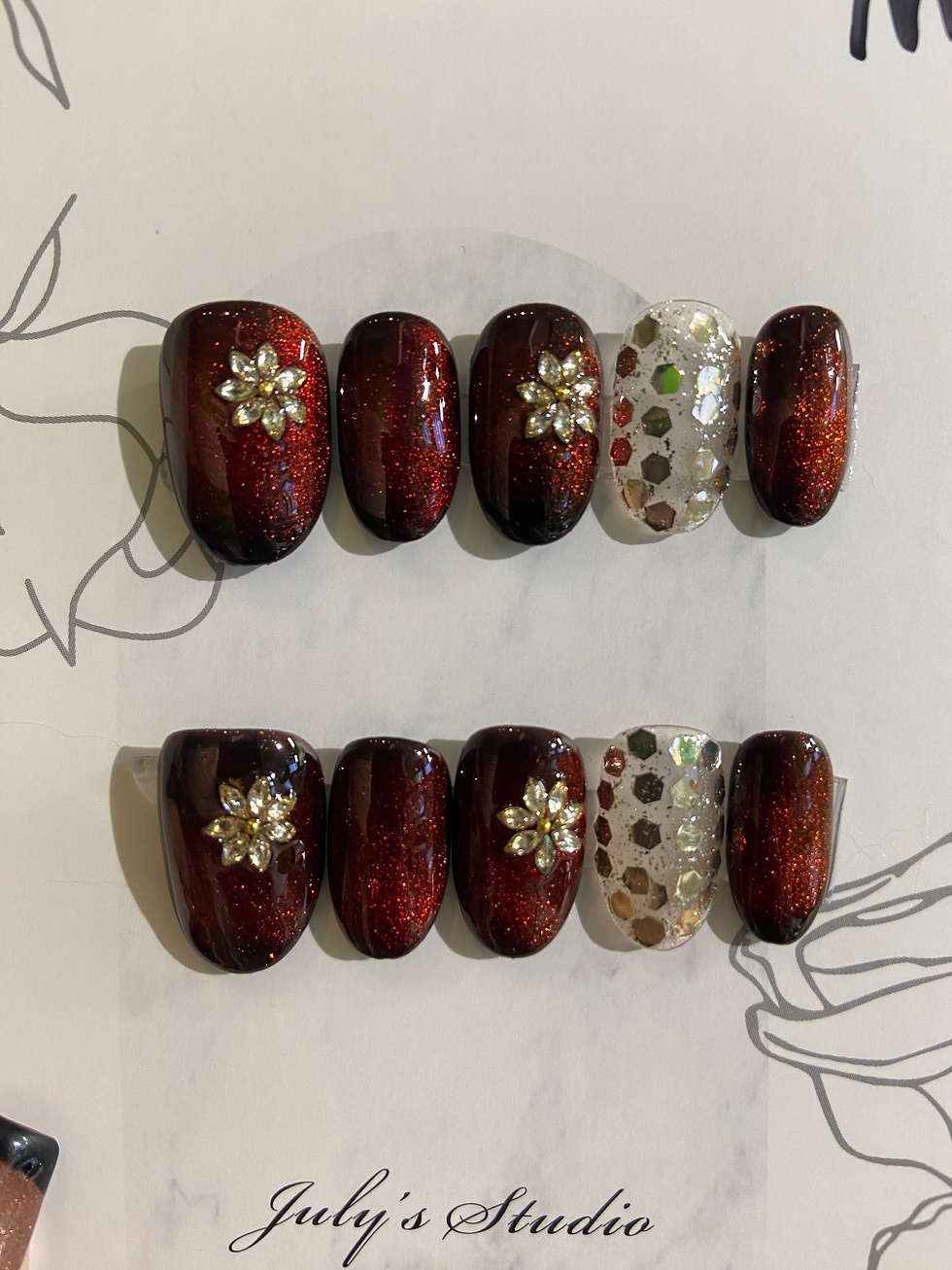 Red Flowers Short Nails