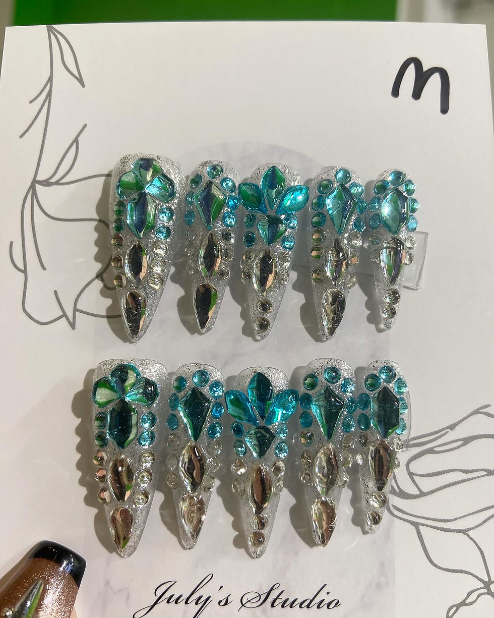 Ocean Blue&Crystal Long Nails