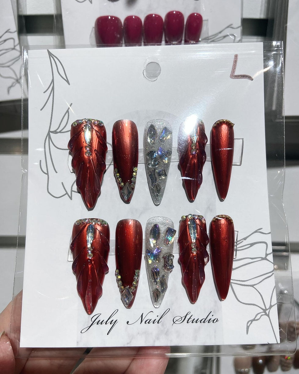 Red Mermaid Long Shiny Nails