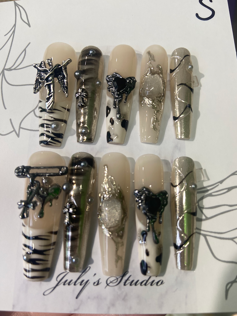 Extra Long Coffin Zebra Print&Silver Nails