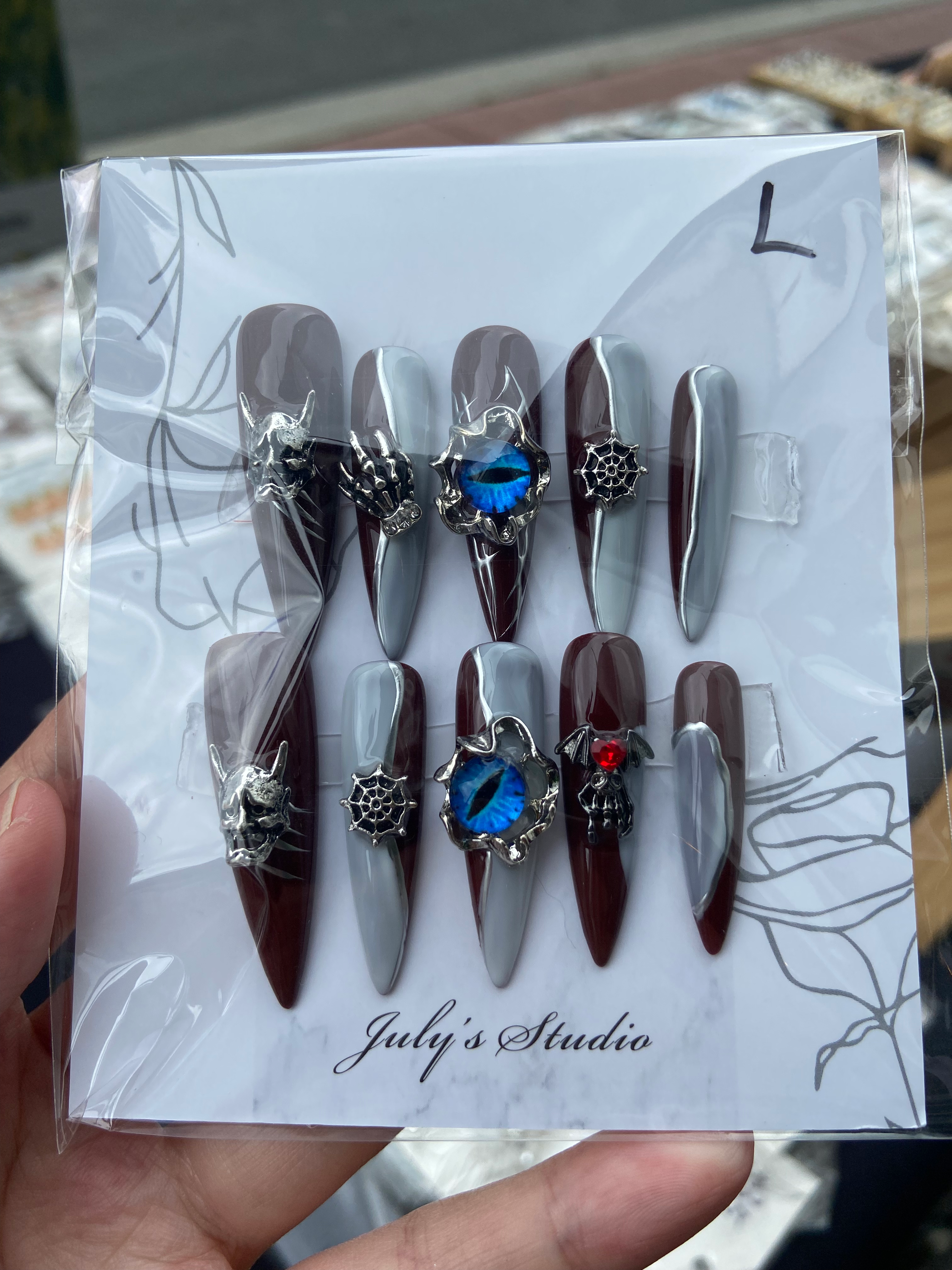 Burgundy Evil Eyes Long Nails