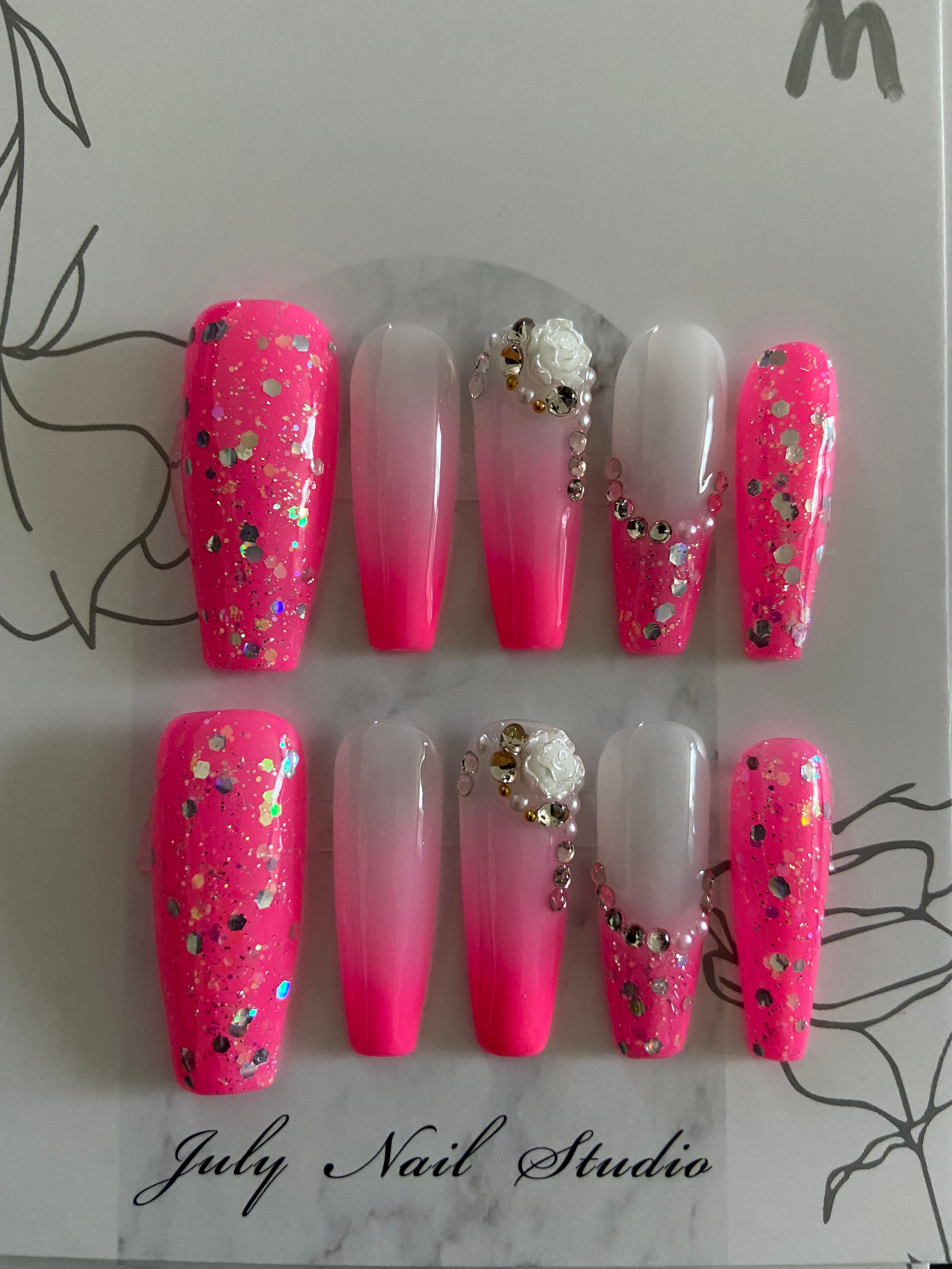 Neon Pink Glitter Nails