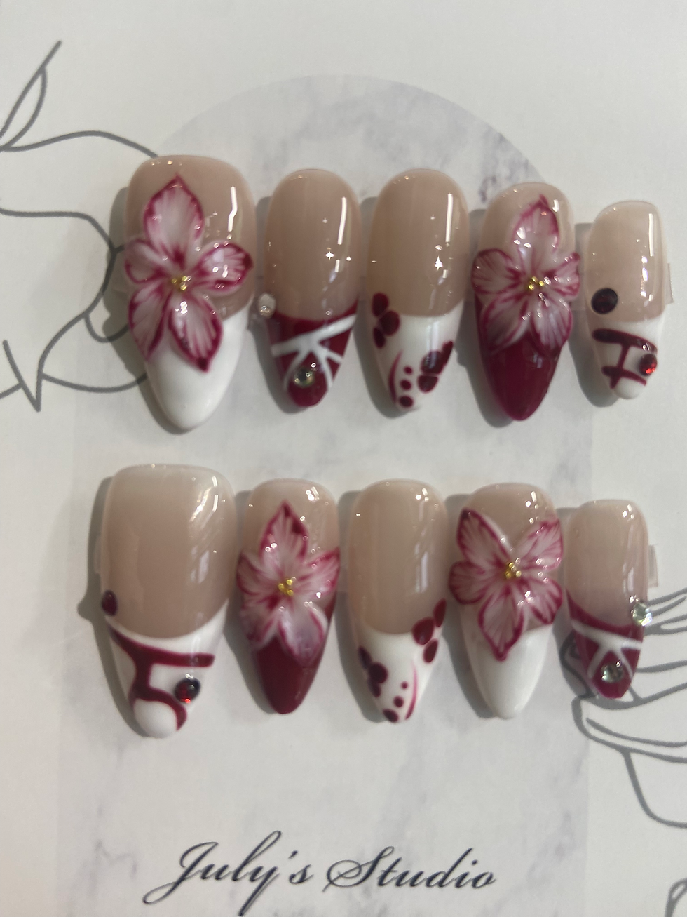 Red&White 3D Flower Nails