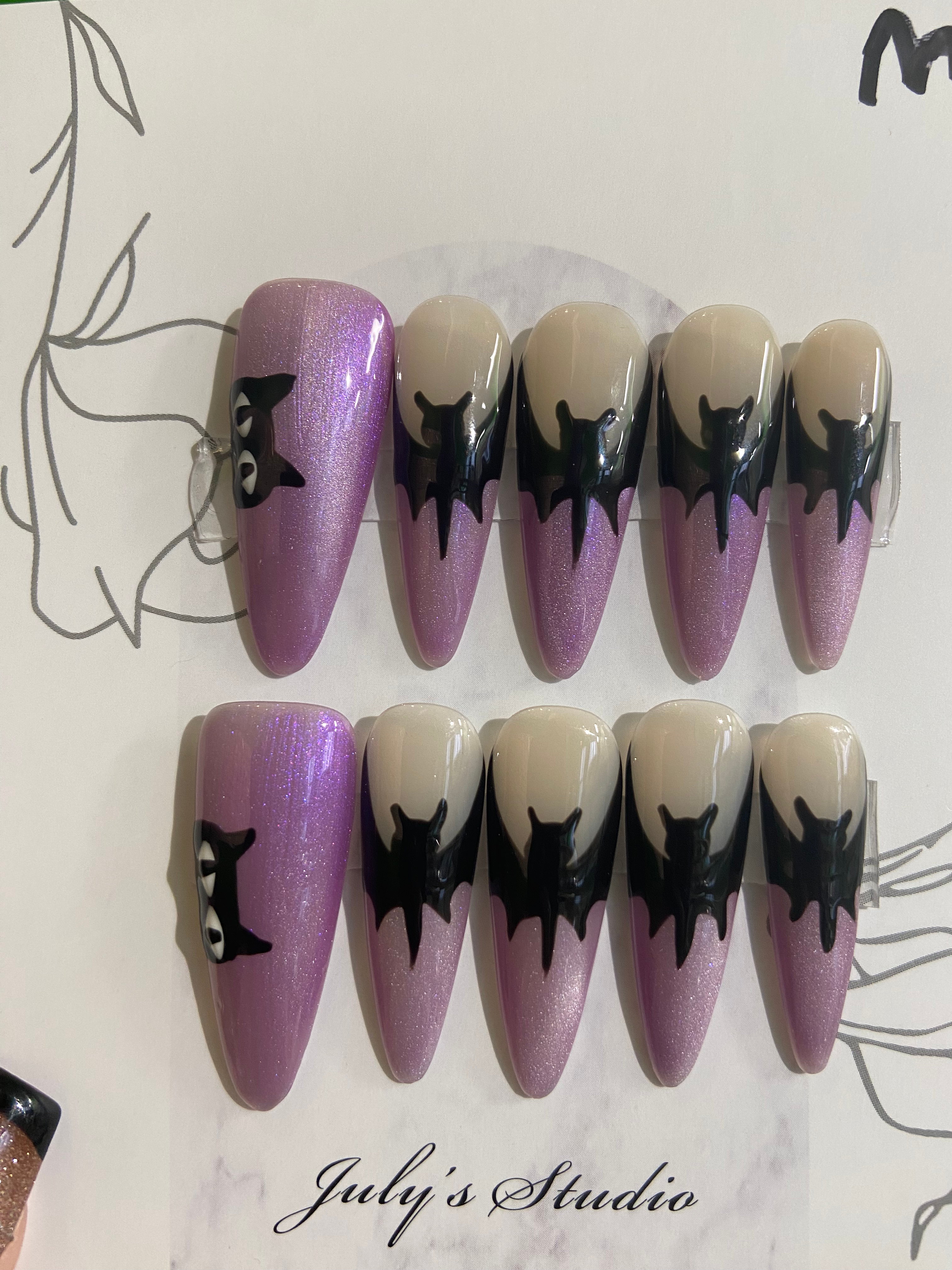 Purple Tip with Black Bat&Cat Nails