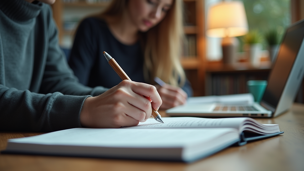 Eye-level view of a student studying at a desk with books and a laptop