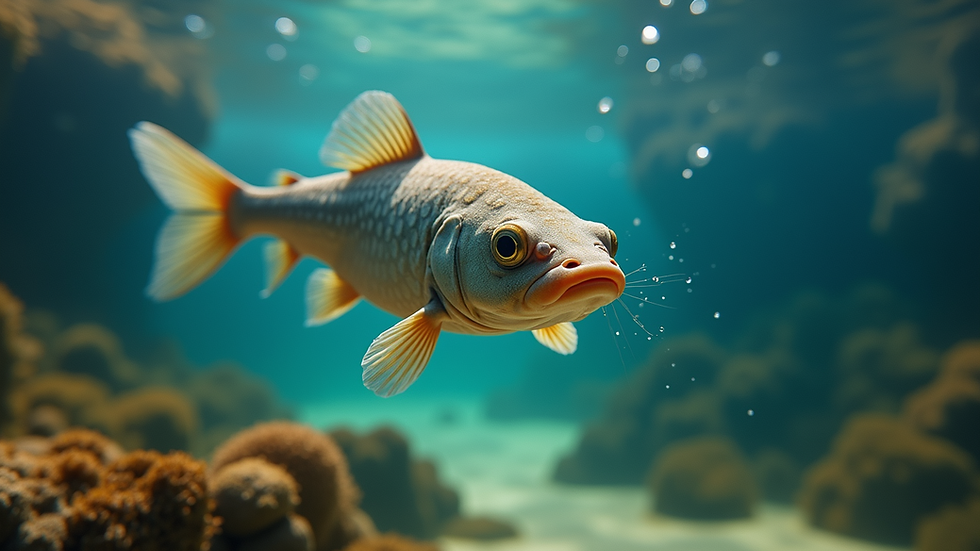 Eye-level view of a catfish swimming in clear water