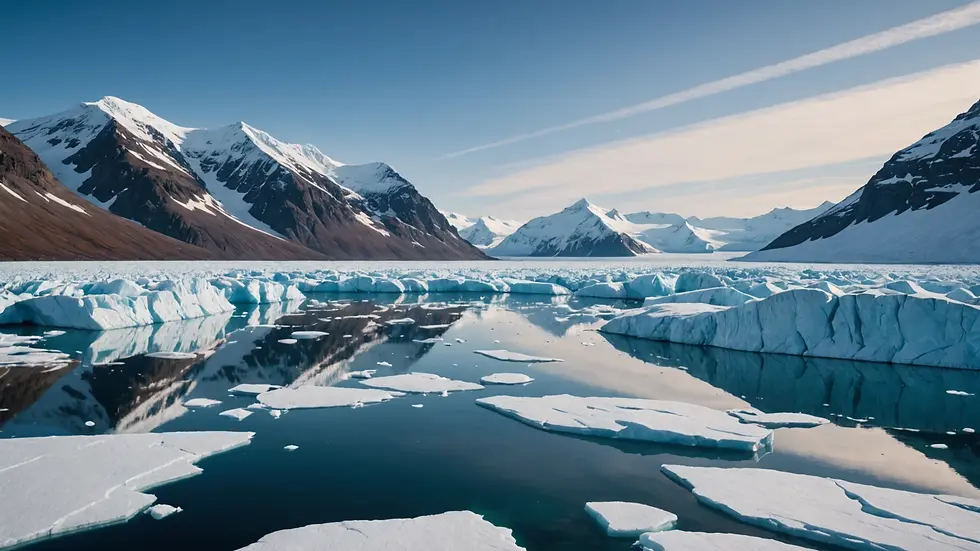 Wide angle view of a breathtaking Arctic landscape with glaciers