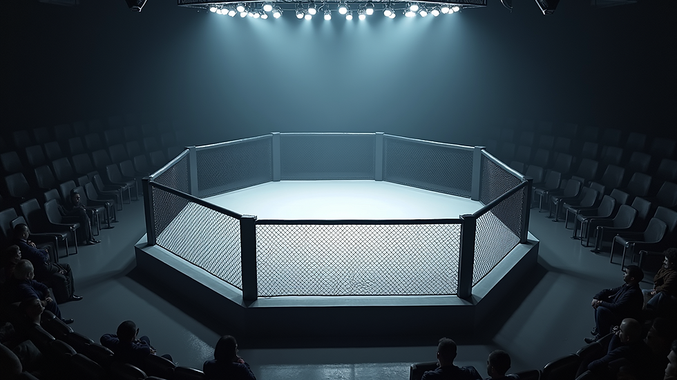 High angle view of an empty MMA octagon with bright lights
