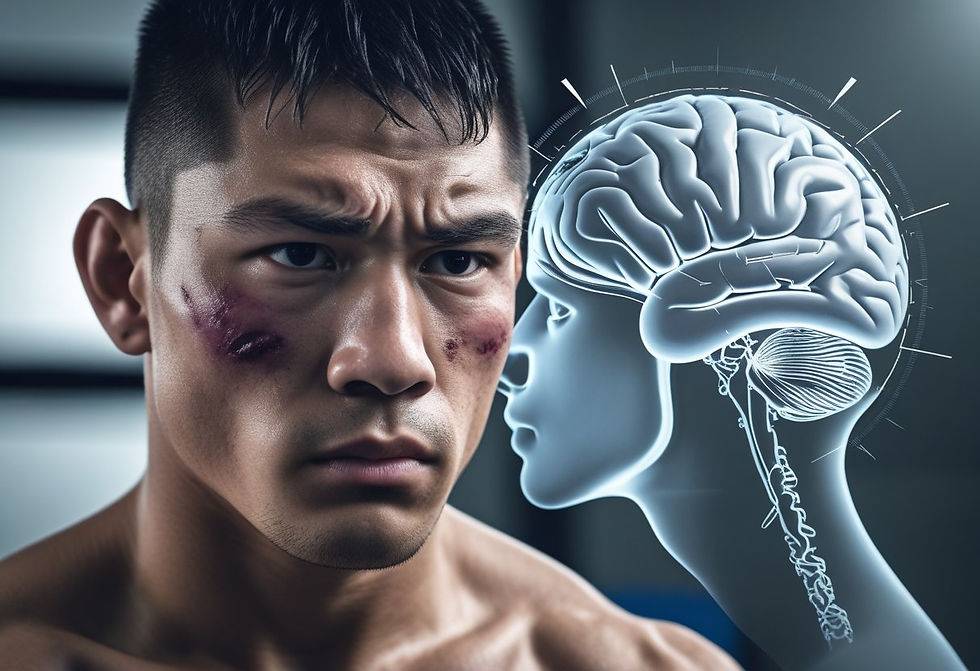 Boxer with bruised face looks intense. Digital brain scan overlay, highlighting neural pathways. Blue-gray background, high-tech vibe.