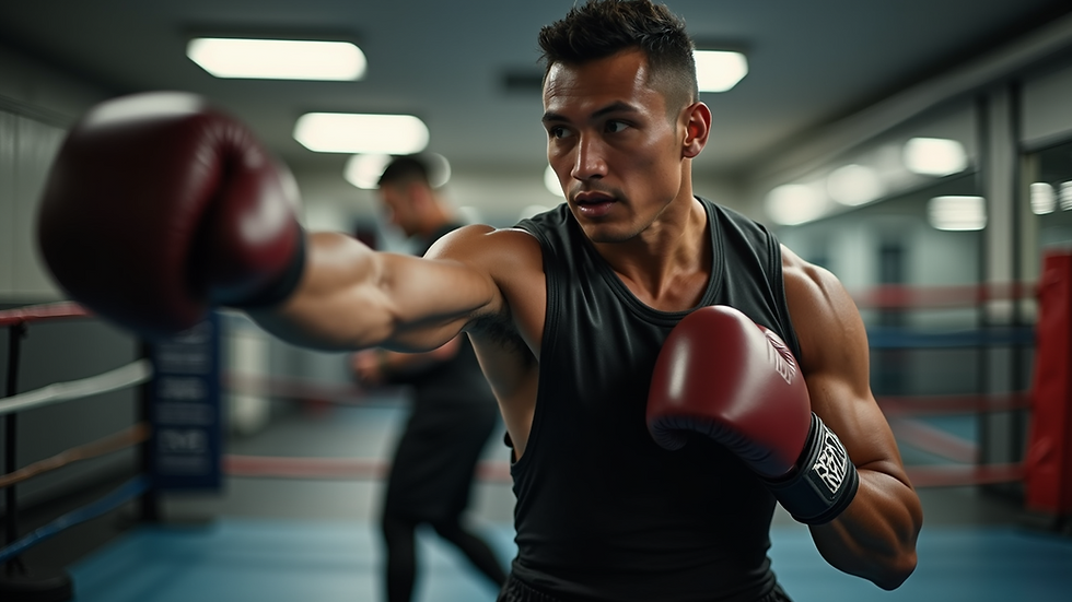 Eye-level view of a boxer training with a weighted vest