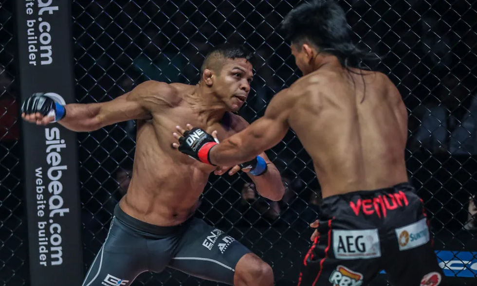 Eye-level view of a lone MMA fighter training on the mat
