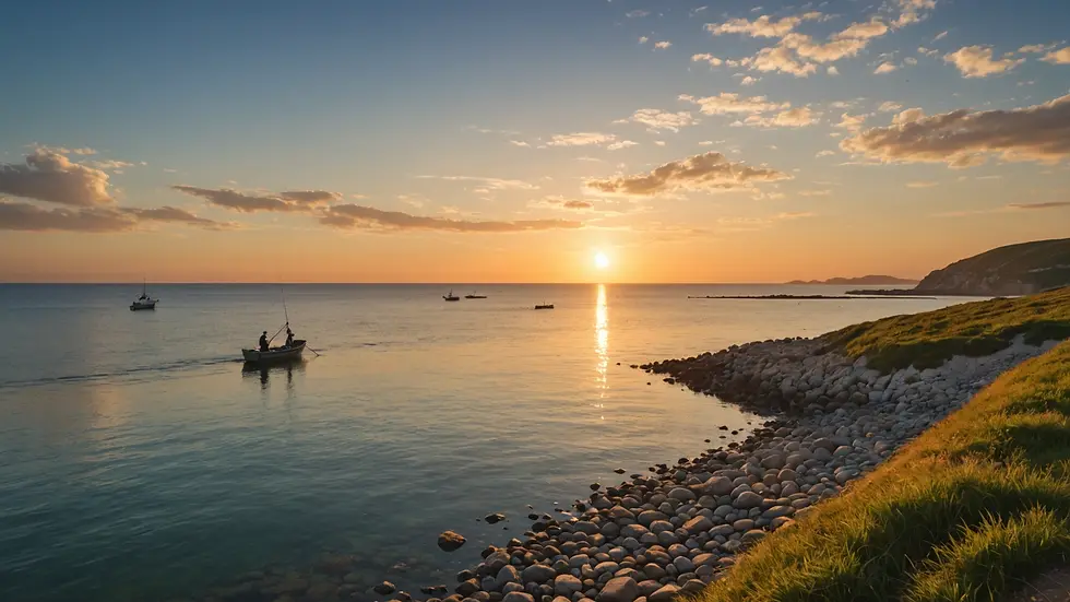 Wide angle view of a tranquil coastal fishing scene at sunset