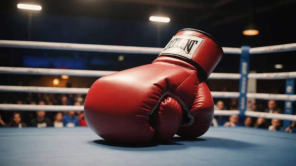 Eye-level view of a boxing glove resting on a ring corner