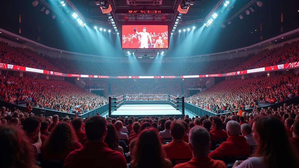 Wide angle view of a vibrant pro wrestling arena filled with enthusiastic fans