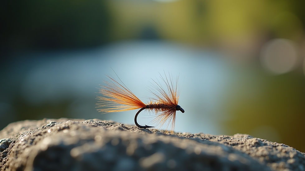 Close-up view of a fly fishing rig on a rock by the river