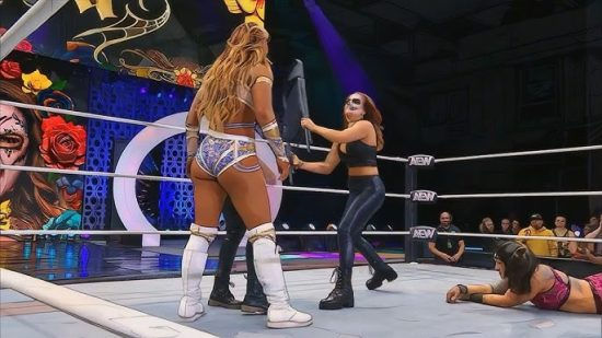 Eye-level view of Thunder Rosa performing in-ring action