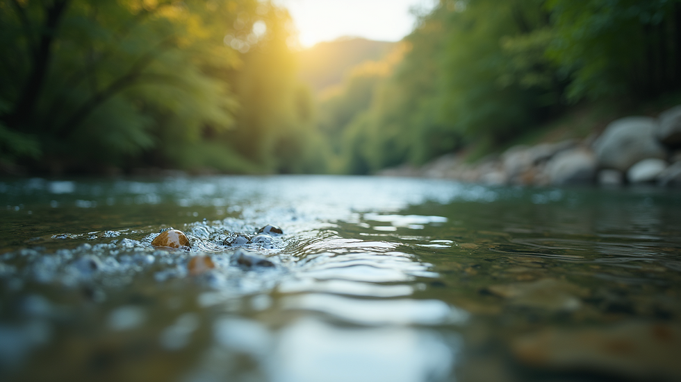 Eye-level view of a calm river with a clear water surface