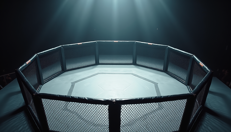 MMA octagonal cage under spotlight, empty and dimly lit. Black mesh fence and padded edges create an intense atmosphere.