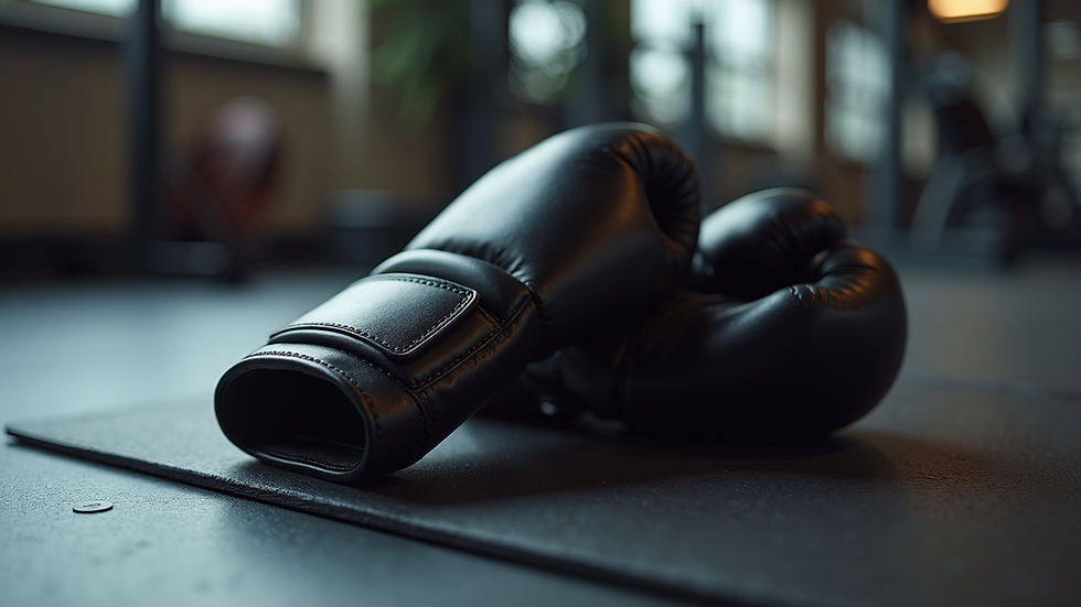 Close-up view of weighted gloves resting on a training mat