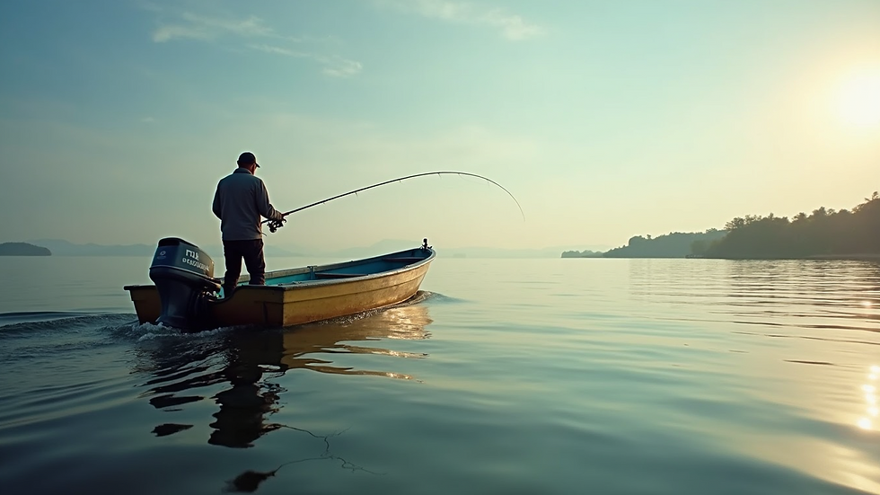 Close-up view of a fisherman casting from a small boat