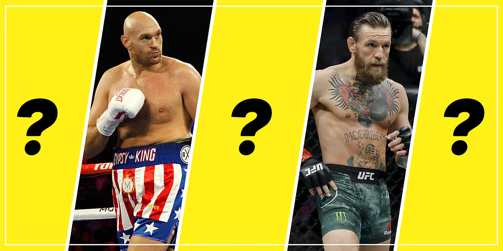 Boxer in star-spangled shorts and MMA fighter in an octagon are separated by yellow panels with question marks. Bold, intense mood.