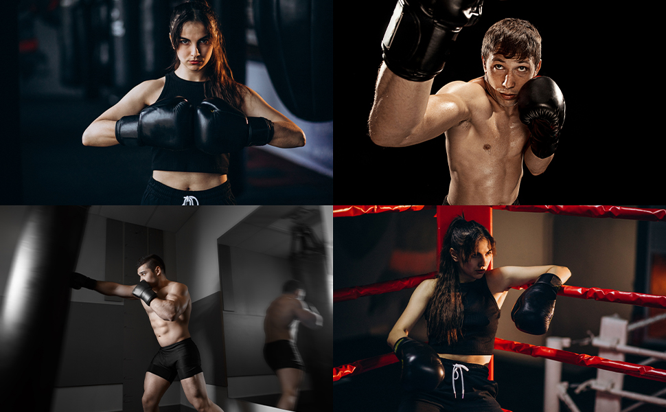Boxers in action: woman and man in boxing stance, another man punching a bag, woman resting on ropes. Intense mood, dark gym setting.