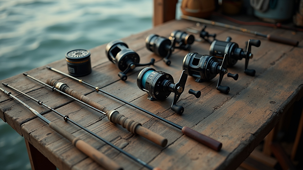 High angle view of fishing gear laid out on a rustic table