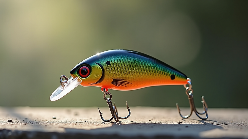 Close-up of a vibrant fishing lure displayed against a neutral background